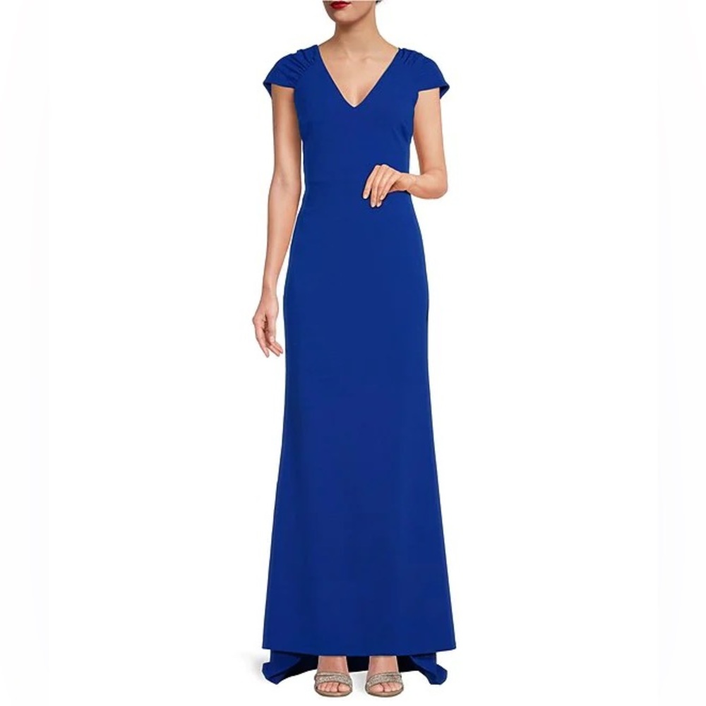 Cap Sleeve V-Neck Drape Back Scuba Crepe Sheath Gown-Blue, New with tags!